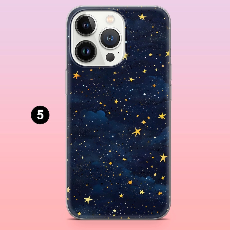 May include: A phone case with a dark blue background and a pattern of gold stars and clouds. The case has a clear border and a camera cutout. The number 5 is in a black circle on the left side of the case.