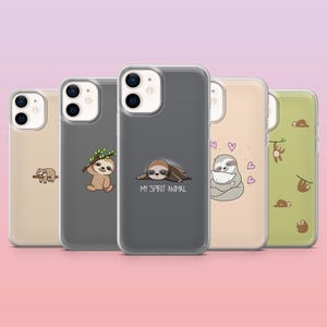 May include: Set of five phone cases featuring different sloth designs. The cases are clear and show the phone's color underneath. One case has a sloth with the text "My Spirit Animal". Another case has a sloth holding a pillow. Another case has a sloth hanging from a branch. Another case has a sloth sitting on a branch. The last case has a sloth hanging from a branch with hearts.