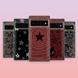 May include: Five phone cases with unique designs. The cases feature star and spiral patterns in black, white, and red. One case has a black cat graphic. The cases are displayed against a pink background.