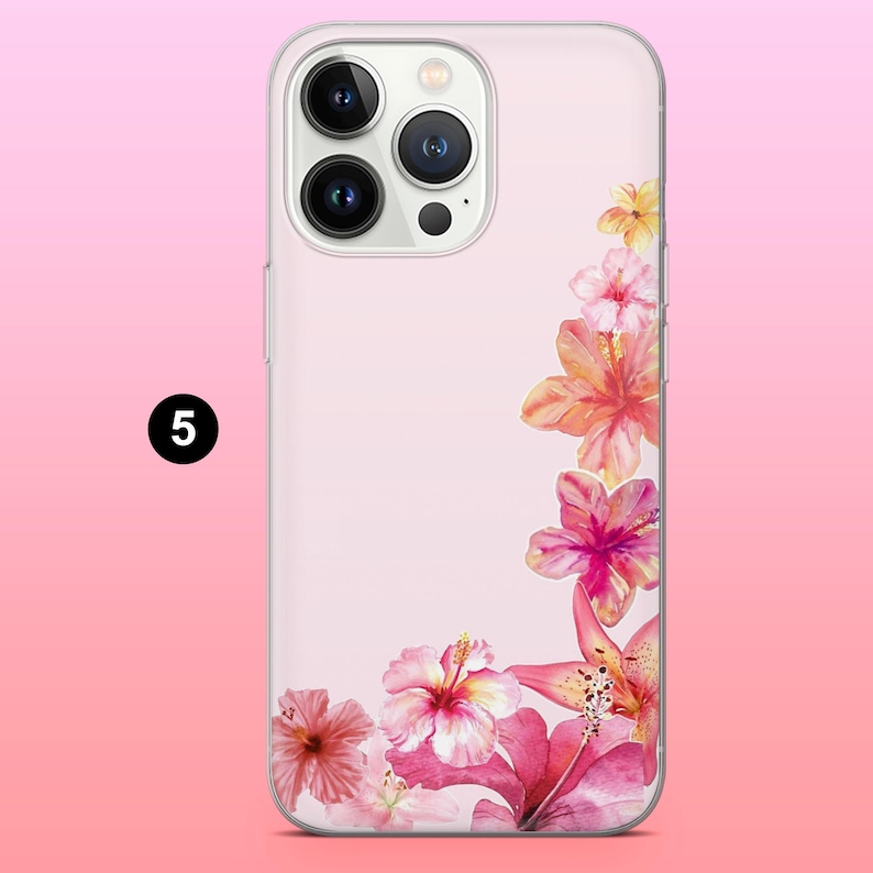 May include: Clear phone case with a floral design. The case features a watercolor-style arrangement of pink, orange, and yellow hibiscus flowers along the right side. The background is a soft pink, and the number "5" is in a black circle on the left.