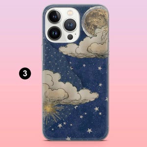 May include: A phone case featuring a celestial design with a full moon, clouds, stars, and a sunburst against a dark blue background. The case has a clear border and the number "3" is visible.