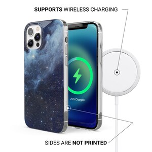 May include: A smartphone with a galaxy-themed case is displayed next to a wireless charger. The phone screen shows a charging symbol, indicating 75% charged. Text reads "SUPPORTS WIRELESS CHARGING" and "SIDES ARE NOT PRINTED".