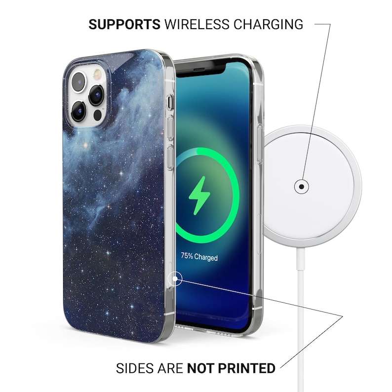 May include: A smartphone with a galaxy-themed case is displayed next to a wireless charger. The phone screen shows a charging symbol, indicating 75% charged. Text reads "SUPPORTS WIRELESS CHARGING" and "SIDES ARE NOT PRINTED".
