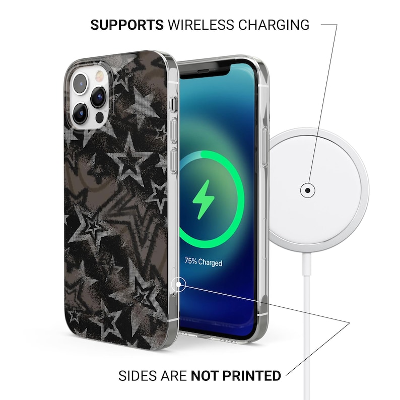 Op de afbeelding: Transparante telefoonhoes met een zwart en grijs sterrenpatroon. Het telefoonscherm toont een oplaadsymbool, wat aangeeft dat draadloos opladen wordt ondersteund. De tekst "SUPPORTS WIRELESS CHARGING" en "SIDES ARE NOT PRINTED" zijn ook zichtbaar.
