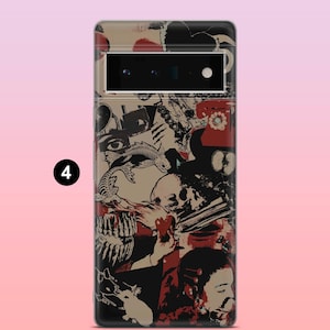Pode incluir: Uma capa de telefone com um design de colagem com caveiras, olhos e outros elementos gr&aacute;ficos em vermelho, preto e bege. A capa tem formato retangular e &eacute; projetada para um smartphone.