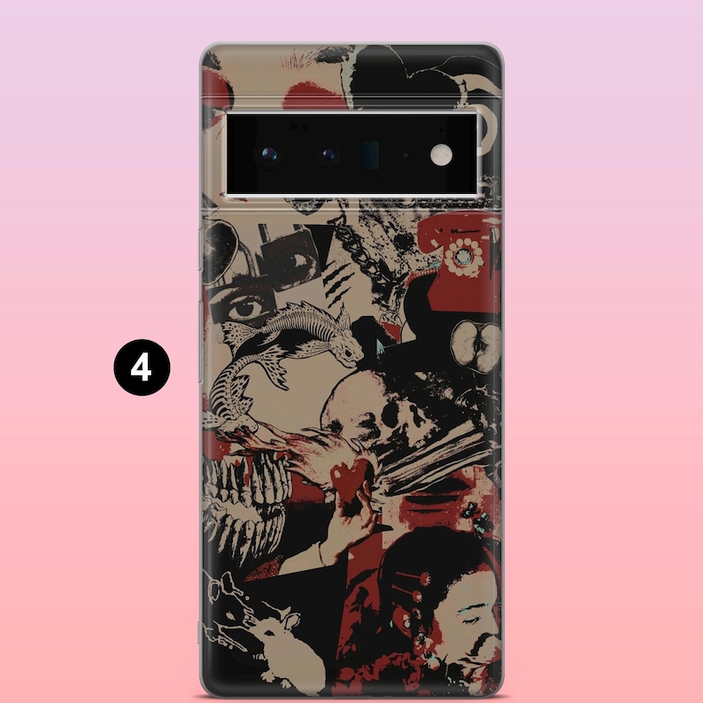 Pode incluir: Uma capa de telefone com um design de colagem com caveiras, olhos e outros elementos gr&aacute;ficos em vermelho, preto e bege. A capa tem formato retangular e &eacute; projetada para um smartphone.