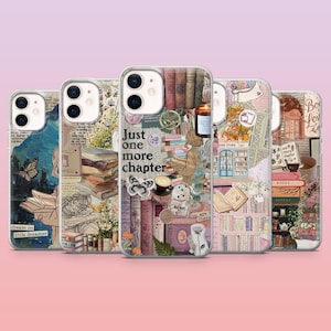 May include: A set of phone cases with a collage design featuring books, butterflies, and the text "Just one more chapter." The cases have a vintage aesthetic with a mix of colours.