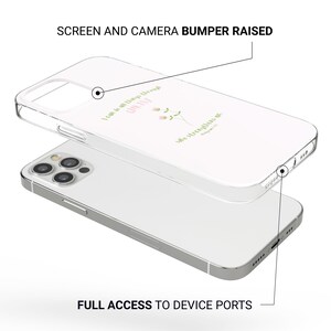 May include: Clear phone case with a floral design and the text "I can do all things through Christ who strengthens me." The case is shown on a silver phone, with raised screen and camera bumpers, and full access to device ports.