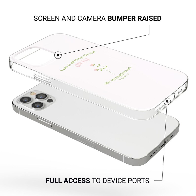 May include: Clear phone case with a floral design and the text "I can do all things through Christ who strengthens me." The case is shown on a silver phone, with raised screen and camera bumpers, and full access to device ports.