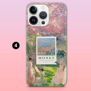 May include: A clear phone case featuring a painting of a woman in a white dress and a pink dress painting in a garden with a pink tree in the background. The painting is titled "Monet, 'Garden's House at Argenteuil' (1881)".