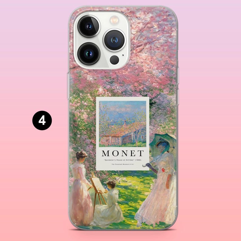 May include: A clear phone case featuring a painting of a woman in a white dress and a pink dress painting in a garden with a pink tree in the background. The painting is titled "Monet, 'Garden's House at Argenteuil' (1881)".