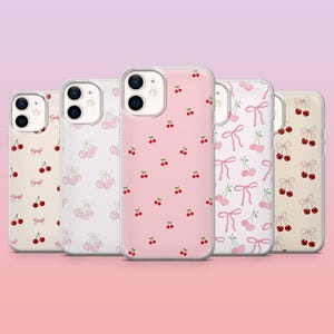 Cherry Phone Case Pink Bow Cherries Cover for iPhone 16 Pro, 15, 14, 13, 12, Samsung S25+, S24FE, S23, S22, A16, A25, Pixel 9Pro,8A