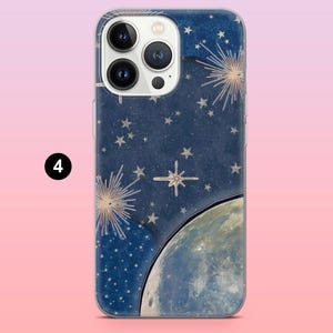 May include: A phone case featuring a celestial design. The case has a dark blue background with a starry night sky, a crescent moon, and starbursts. The phone case has a clear border and a number 4 in a black circle.