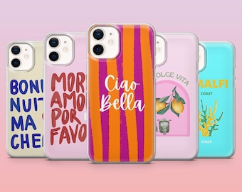 Funda con frase italiana "Amor Ciao Bella" para iPhone 16 Pro, 15, 14, 13, 12, Samsung S25+, S24FE, S23, S22, A16, Pixel 9Pro, 8A