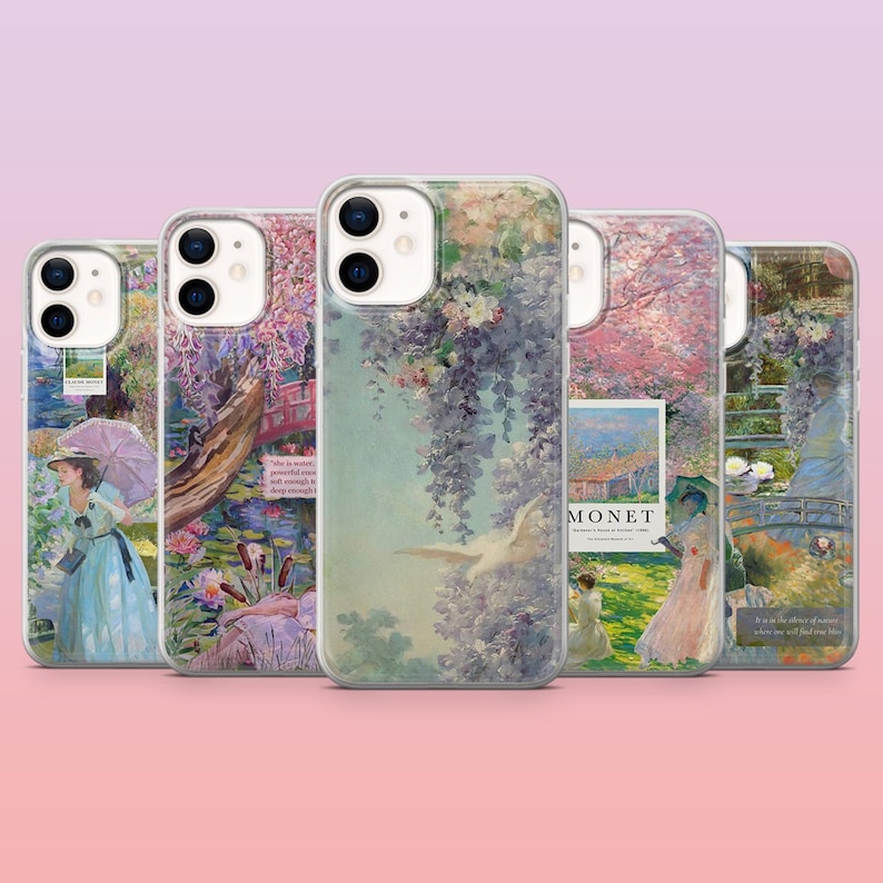 May include: Four different phone cases featuring a collage of Monet paintings. Each case showcases a different painting with a range of colours, including pink, blue, green, and white. The cases are all clear and display the phone's camera lens.