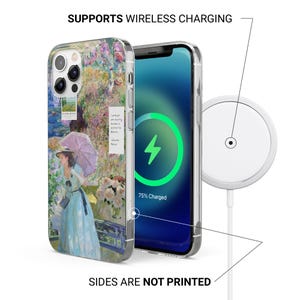 May include: A clear phone case with a colourful floral design and a woman holding an umbrella. The phone case is compatible with wireless charging. The phone case is 75% charged.