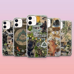 以下が含まれることがあります： ユニークなデザインの携帯電話ケース5個セット。各ケースは、犬、自然要素、テキストの画像を使用したコラージュスタイルのデザインです。ケースは透明で、携帯電話の色が透けて見えます。