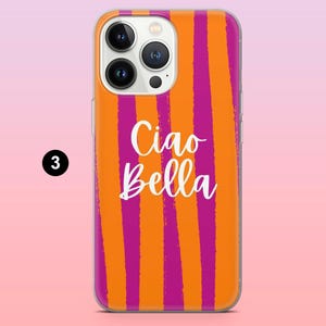 Puede incluir: Una funda de tel&eacute;fono con un dise&ntilde;o vibrante. La funda presenta rayas verticales en naranja y magenta, con las palabras "Ciao Bella" en escritura blanca. La funda est&aacute; dise&ntilde;ada para un tel&eacute;fono inteligente.