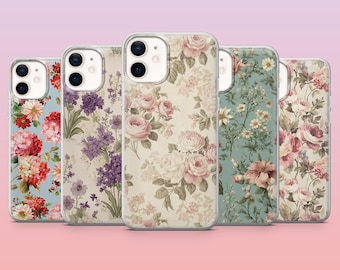 Capa de celular vintage com estampa floral para iPhone 17, 16, 15, 14, 13, 12, Samsung S25, S24, S23, S22, A16, A26, A56, Pixel 10, 9