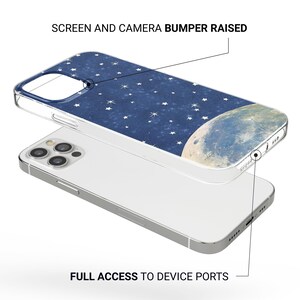 May include: A clear phone case with a celestial design. The case features a dark blue background with white stars and a detailed image of the moon. The text on the image reads "SCREEN AND CAMERA BUMPER RAISED" and "FULL ACCESS TO DEVICE PORTS."