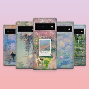 May include: Five different phone cases featuring famous paintings by Claude Monet. The cases are all clear and show the paintings in their entirety. The paintings include Water Lilies, a bridge over water, a garden scene, and a scene with a woman painting.