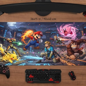 Könnte beinhalten: Ein großes Gaming-Mauspad mit einer farbenfrohen Illustration von Videospielcharakteren, darunter Mario, Pikachu und Link. Das Pad misst 90x40 cm und trägt den Text "36x15 in / 90x40 cm".