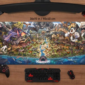 May include: A large, rectangular mouse mat with a detailed illustration of various dinosaurs and prehistoric creatures. The mat measures 90x40 cm and features a vibrant, colorful design with a blue ocean and a variety of dinosaurs.