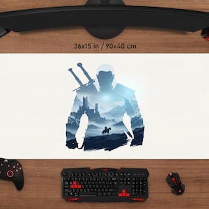 May include: A white rectangular gaming mouse pad with a blue and white silhouette of a figure with swords, a castle, and a rider on a horse. The pad measures 36x15 inches.