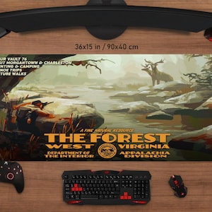 May include: A large rectangular mouse pad with a nature scene featuring a hunter, deer, and a river. The pad has text that reads "The Forest West Virginia" and measures 36x15 inches.
