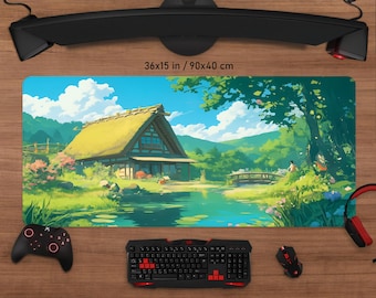 Alfombrilla de ratón Studio Ghibli: tapete de escritorio de anime con paisaje de cabaña