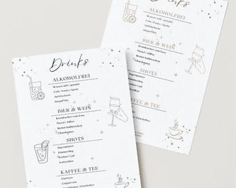 Menu, Drinks Vorlage, Canva Hochzeitsvorlage, Menükarte Hochzeit, Template, Sektempfang, Empfangsbuffet, Getränkekarte, Wedding