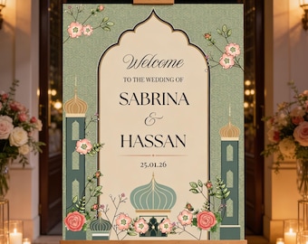 Editable Wedding Welcome Sign Template | South Asian Wedding Sign | Sage Green Easel Sign | Pakistani Wedding Canva Template