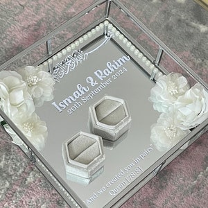 Custom Nikkah Wedding Ring Tray | Personalized Mirror Ring Display | Silver Engagement Ring Holder | Personalised Luxury Wedding Ring Plate