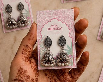 Biało-różowe karty Jhumka | Upominki Mehndi | Wydrukowane i gotowe | Wysyłka na cały świat