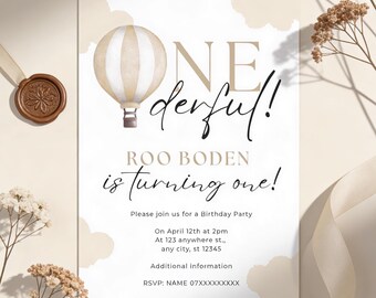 Editable First Birthday Invitation Template | Hot Air Balloon Birthday Invite | Neutral Beige Birthday Canva Template