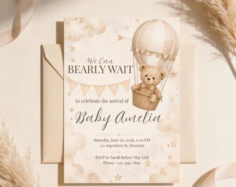 We Can Bearly Wait Baby Shower Invitation Template | Editable Teddy Bear Invite | Neutral Boho Canva Template