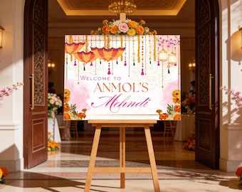Editable Mehndi Welcome Sign Template | South Asian Wedding Sign | Indian Wedding Welcome Poster | Canva Template | 24x18 Landscape Sign
