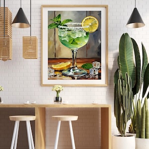 Mint Margarita Wall Art - Refreshing Cocktail Print, Lemon  Ice Drink Painting, Bar & Kitchen Decor, Oil Painting