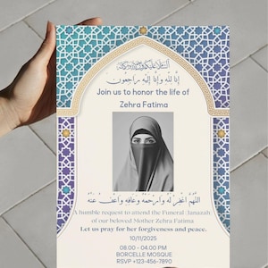 Puede incluir: Invitación rectangular con un borde geométrico turquesa y morado. La invitación incluye escritura árabe, el nombre Zehra Fatima y detalles para un servicio funerario.