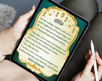 Tarjeta de invitación para Eid Milad un Nabi / Plantilla editable de Canva / Diseño islámico verde y dorado / Descarga digital e imprimible