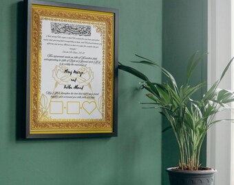 Plantilla editable de certificado Nikkah blanco y dorado: Decoración de boda islámica (descarga digital)