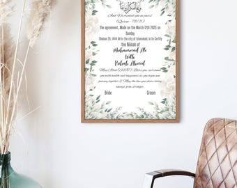 Certificado Nikkah blanco y verde elegante y editable: plantilla de matrimonio islámico