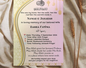 Islamic Wife Funeral Card | Muslim Memorial Template | Editable Canva | Instant Download