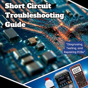 Puede incluir: Portada del libro "Mobile PCB Short Circuit Troubleshooting Guide" con un fondo de placa de circuito. Incluye una botella de alcohol isopropílico, un multímetro y una fuente de alimentación. El texto dice "Diagnóstico, prueba y reparación de PCB".