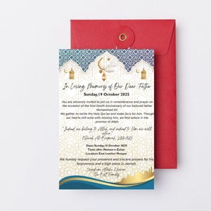 May include: A memorial invitation card with a red envelope. The card features a blue and gold design with text that reads "In Loving Memory of Our Dear Father" and details for a remembrance event on October 19, 2025.