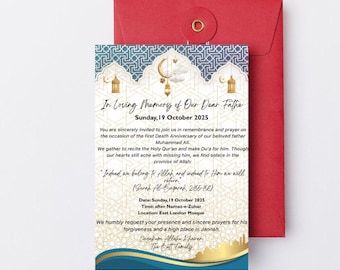 Tarjeta de invitación para el aniversario de fallecimiento islámico, elegante y editable / Tarjeta Barsi para el padre, descarga digital