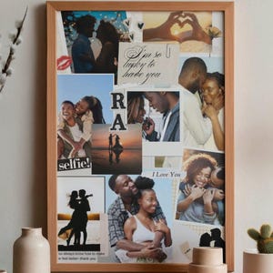 Peut inclure: Un collage encadré en bois avec diverses photographies de couples. Le collage comprend le texte "I'm so lucky to have you", "selfie!" et "I Love You". Les photos représentent des moments romantiques et des silhouettes.