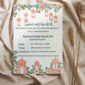 Puede incluir: Tarjeta conmemorativa con ilustraciones florales y de linternas. La tarjeta anuncia el fallecimiento de Muhammad Asad Ali, con fecha 10 de febrero de 2026 y lugar Centro Comunitario Islámico. La tarjeta incluye texto en árabe.