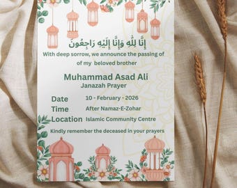 Tarjeta de anuncio de Janazah y entierro / Aviso de funeral islámico / Plantilla editable