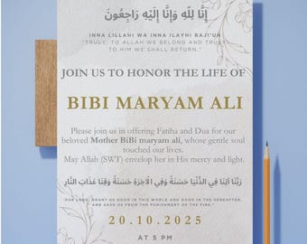 Invitación funeraria islámica editable con motivos florales verdes / Janazah y Fatiha (archivo Canvas)